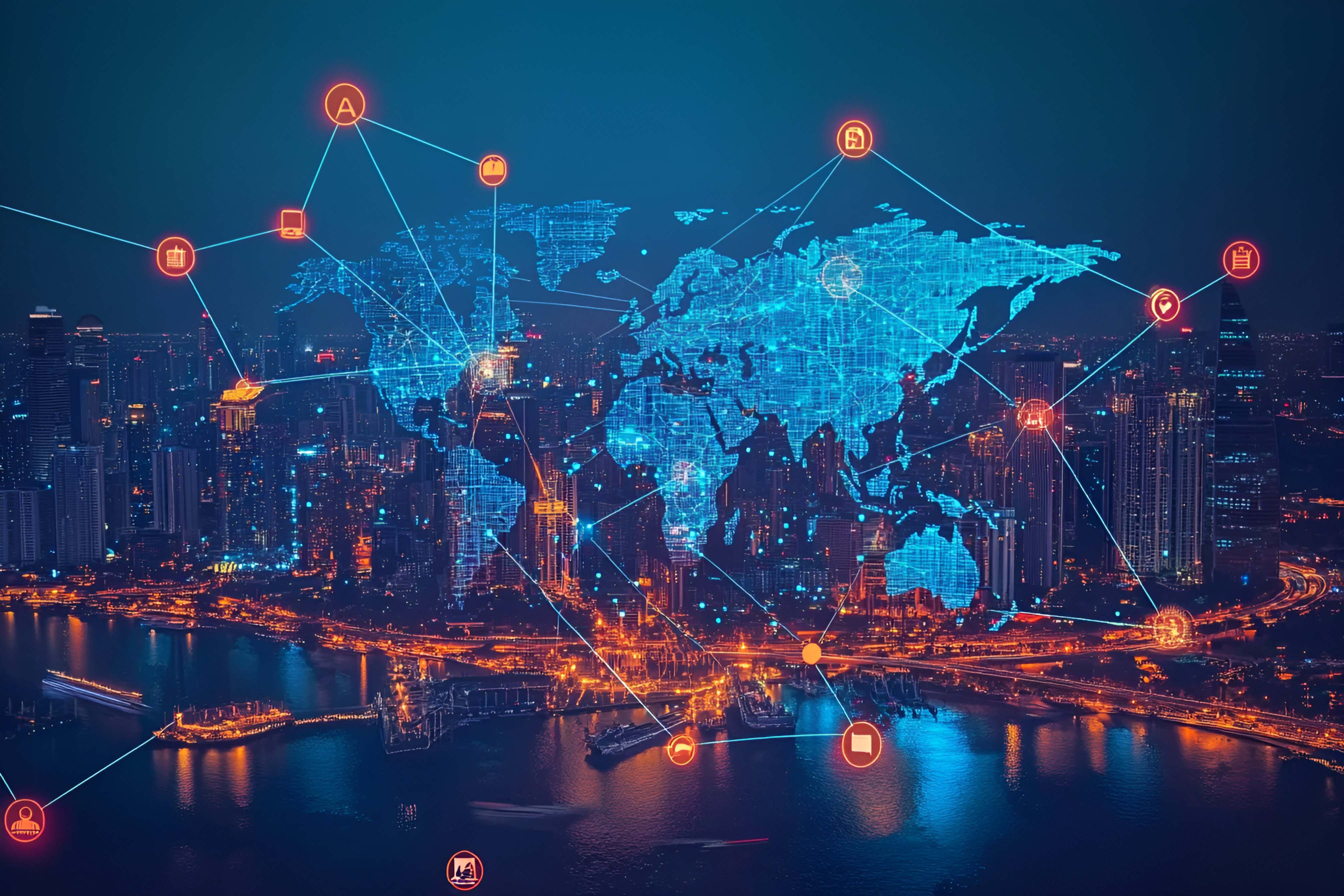 AI现代科技风全球网络连接城市天际线世界地图插画（商业使用）.jpg